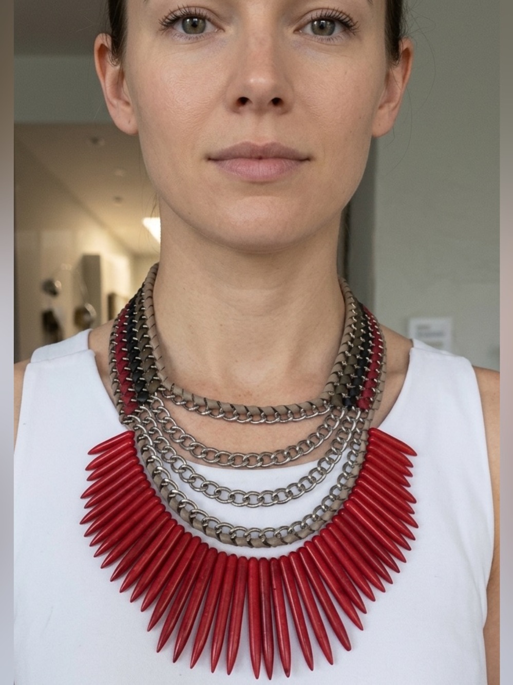 Sara Designs NY Red Spike & Woven Leather Statement Necklace - 24”